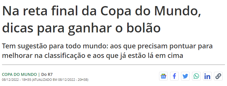 Manchete da reportagem no R7 Esportes: Na reta final da Copa do Mundo, dicas para ganhar o bolão