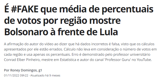 Manchete da reportagem: É #FAKE que média de percentuais de votos por região mostre Bolsonaro à frente de Lula