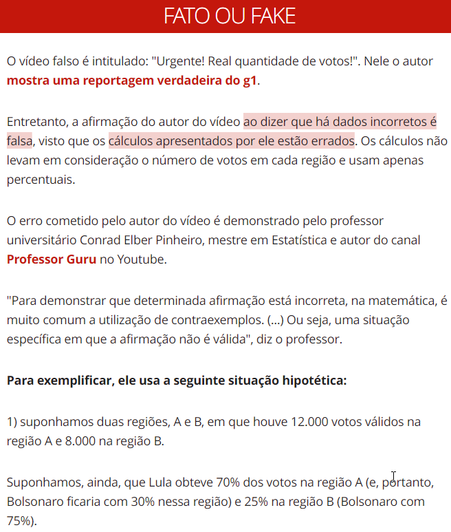 Trecho da reportagem: É #FAKE que média de percentuais de votos por região mostre Bolsonaro à frente de Lula