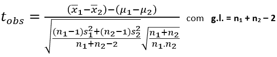fórmula do teste de hipóteses para a média de amostras independentes com variâncias desconhecidas e iguais