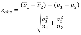 fórmula z observado - teste para médias de amostras independentes com variâncias conhecidas