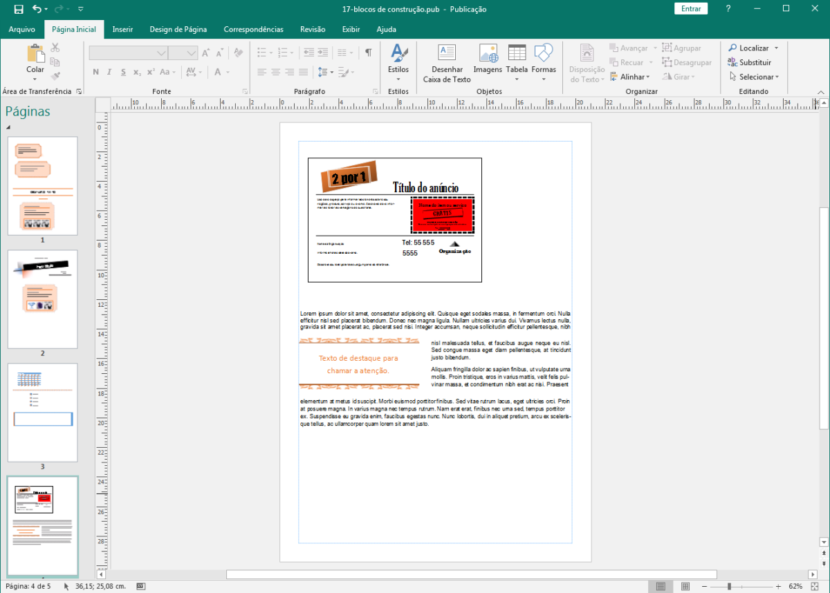 captura da tela principal do Microsoft Publisher