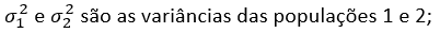 variâncias das populações 1 e 2